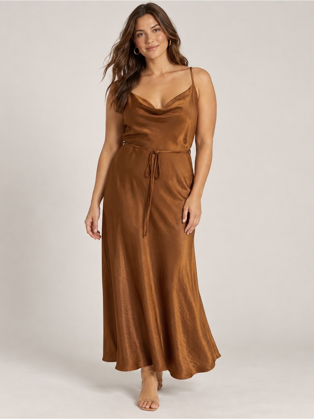 Vine Tree Copper Brown Satin Cowl Neck Maxi Slip Dress Size Large Tie Waist